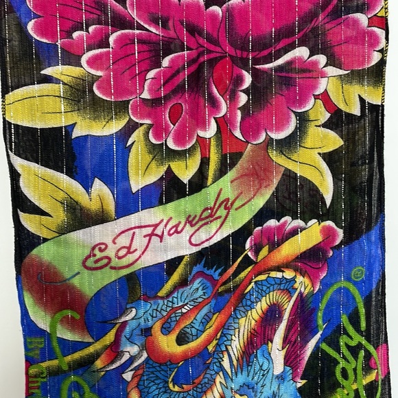 ED HARDY by Christian Audigier Cotton Scarf dragons floral gemstone - Picture 8 of 16